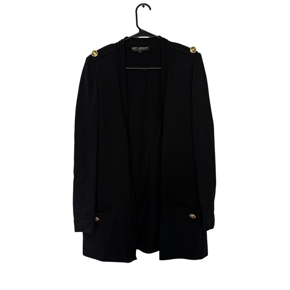 St John Black Santana Knit Long Length Open Front Cardigan sz Medium